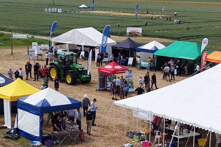 drone photo of the TMAF Morley Farms innovation showing stalls, trials and visitors
