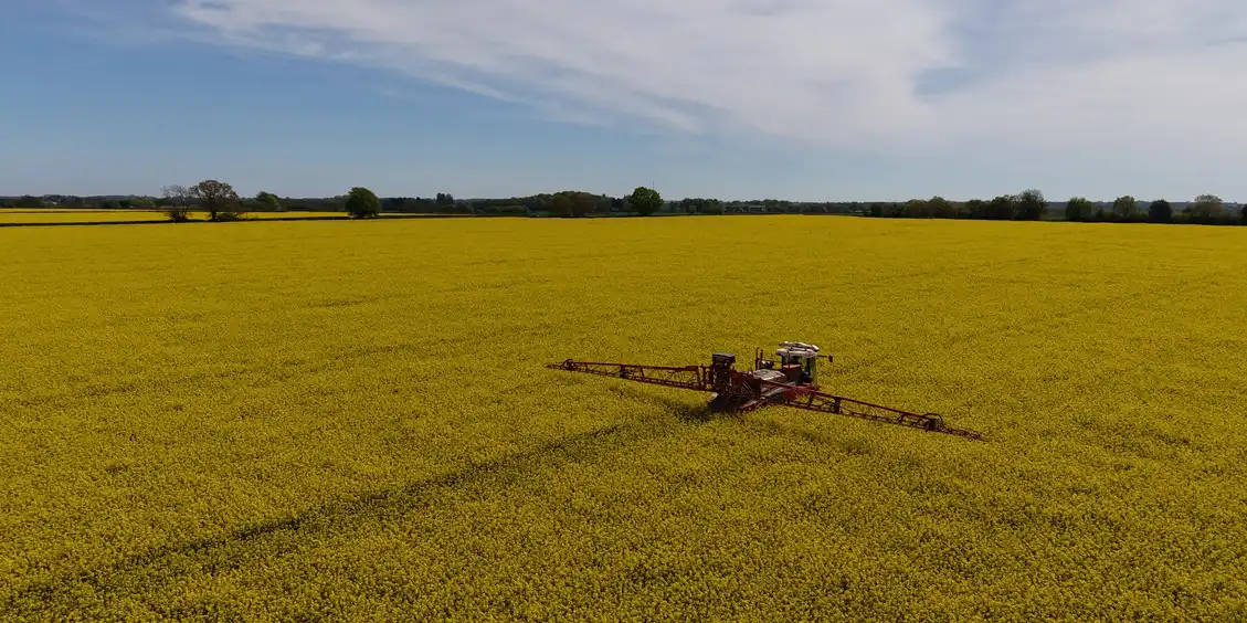 Sprayer working in field Photograph of crop sprayer driving through a field of oil seed rape with the spray booms extended